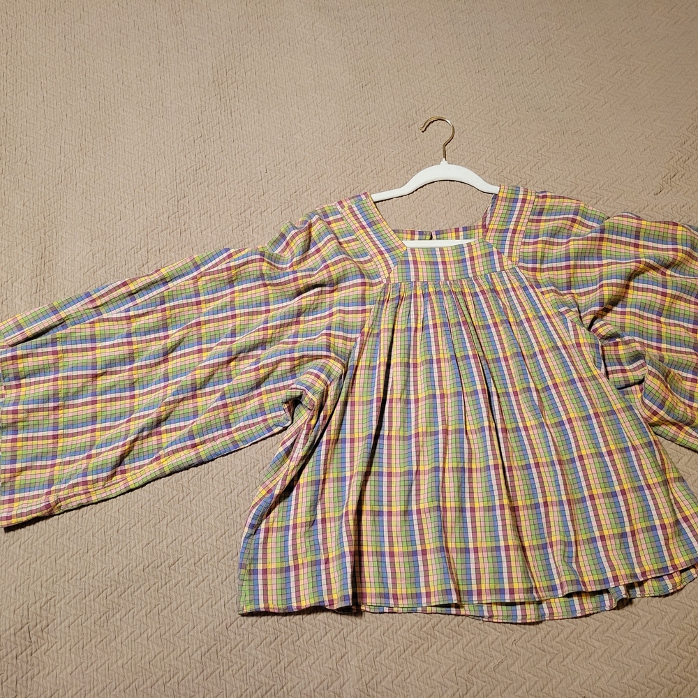 Colorful Plaid Blouse with Balloon Sleeves